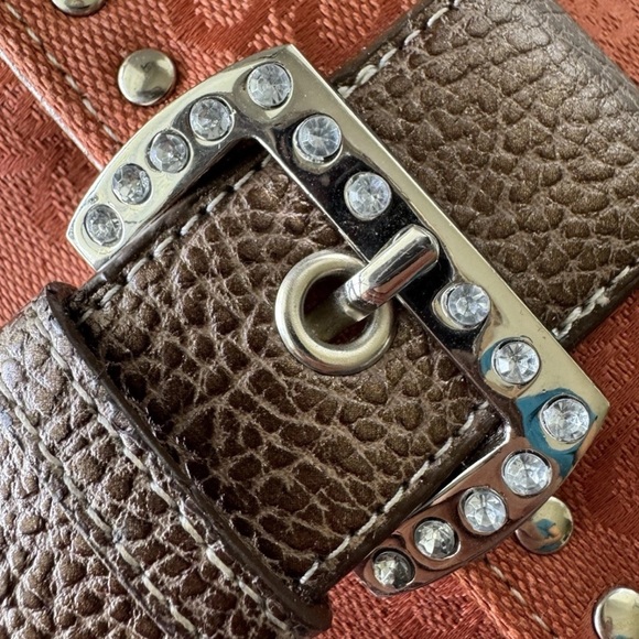Kathy Van Zeeland Red Jacquard Studded Crossbody Bag Buckle Accent Purse